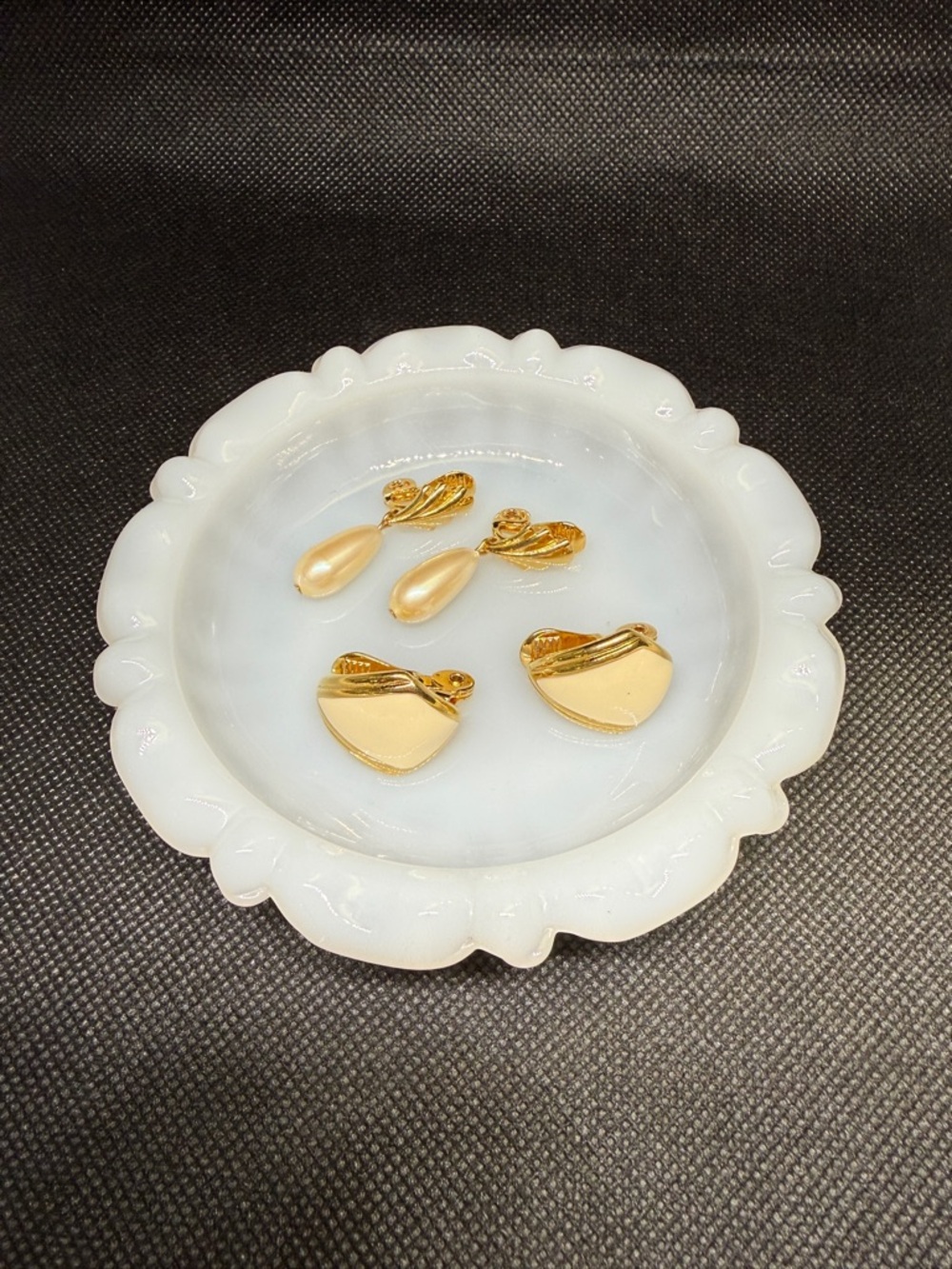 Monet Earrings Clip On 2 Pairs Gold Tone & Cream Drop Faux Pearls Vintage